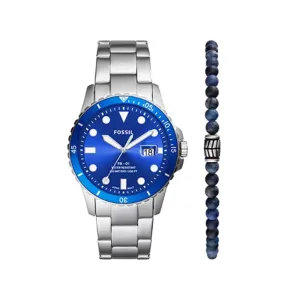 Fossil Men's FB-01 Three-Hand Date Stainless Steel Watch and Blue Sodalite Beaded Bracelet Set