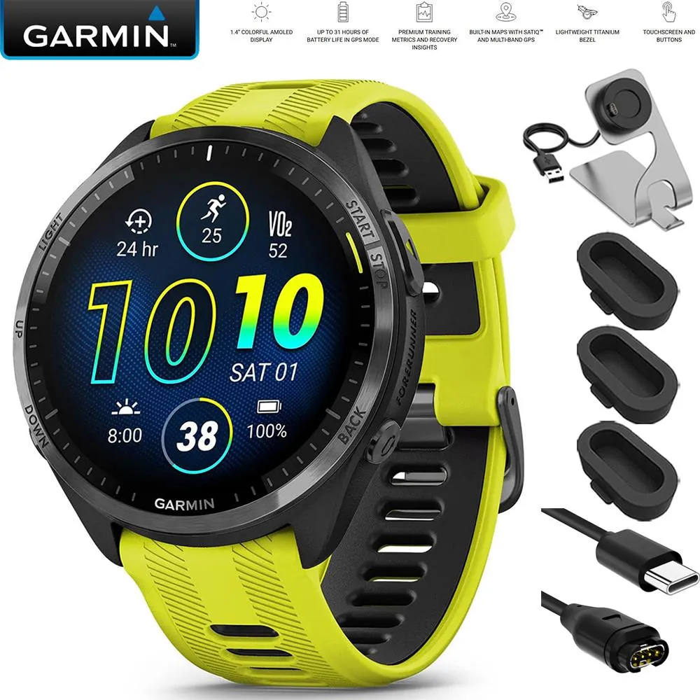 Garmin Forerunner 965 Running Smartwatch Amp Yellow and Black   Charging Bundle