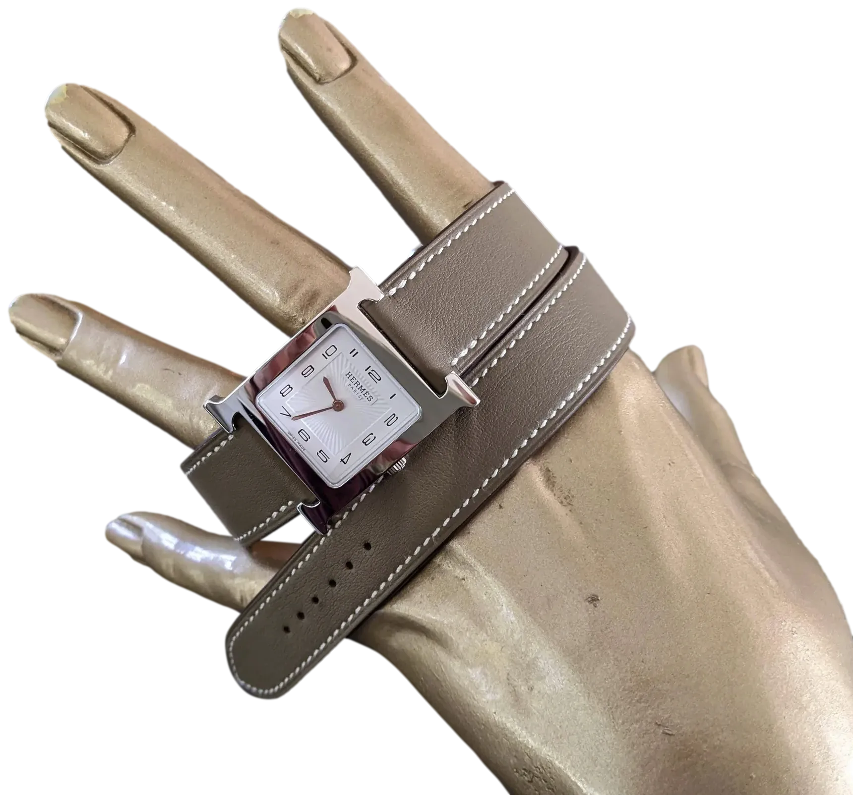 HERMES [M02] Etoupe "Double Tour Heure H" Watch Medium Model 30 mm, BNIB!