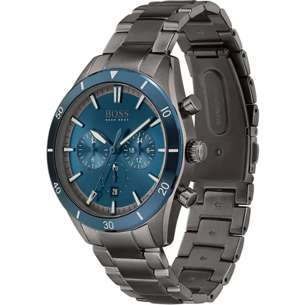HUGO BOSS Santiago Grey Stainless Steel Blue Dial Chronograph Quartz Watch for Gents - 1513863