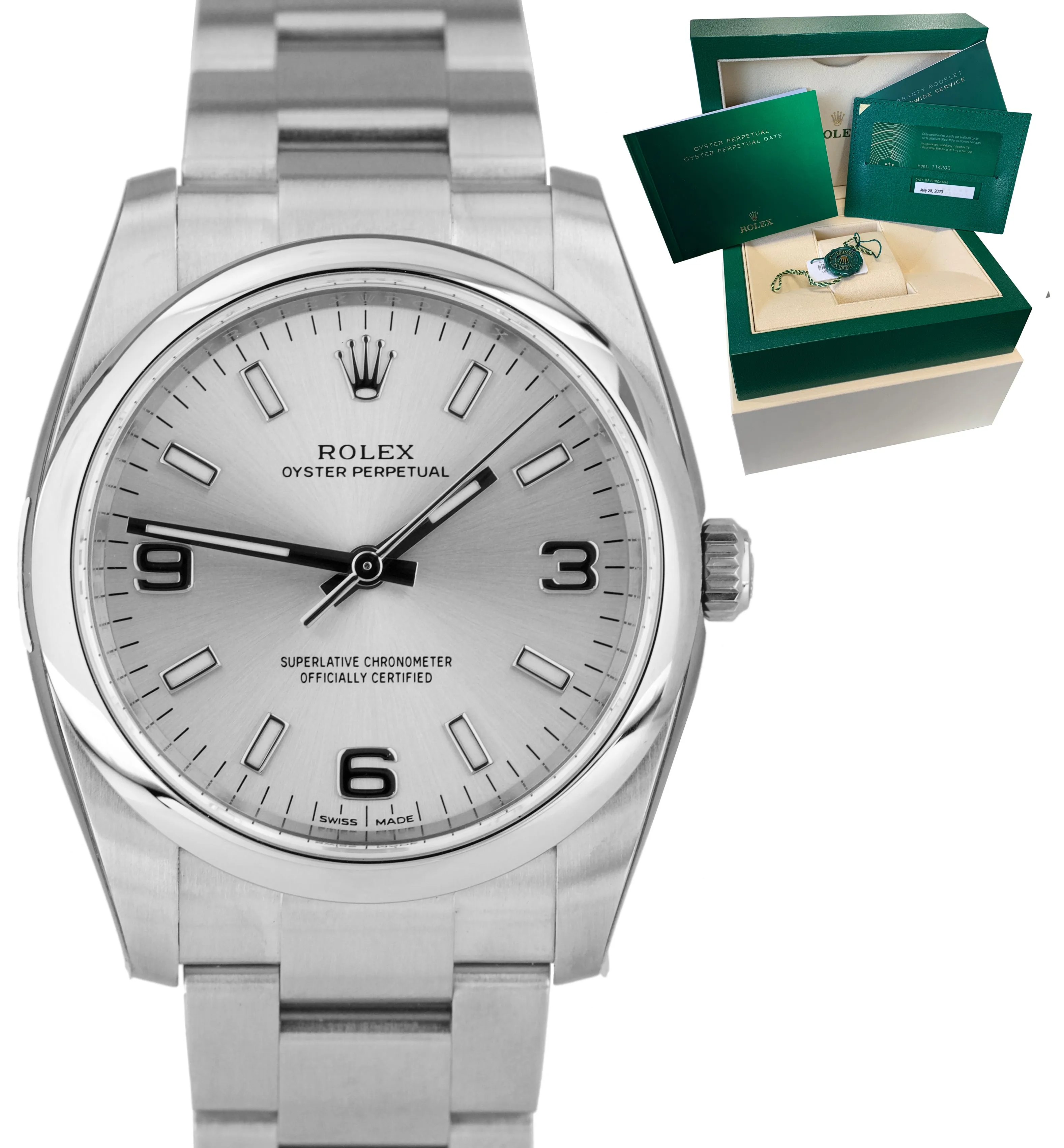 JULY 2020 NEW SEALED Rolex Oyster Perpetual Silver Stainless 34mm Watch 114200