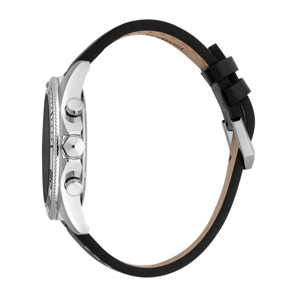 Just Cavalli Gents Black Dial Stainless Steel Silver Case Black Leather Strap Watch