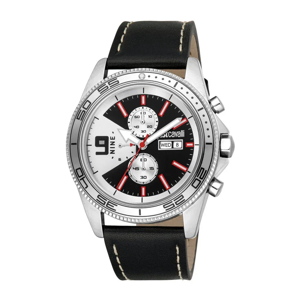 Just Cavalli Gents Black Dial Stainless Steel Silver Case Black Leather Strap Watch