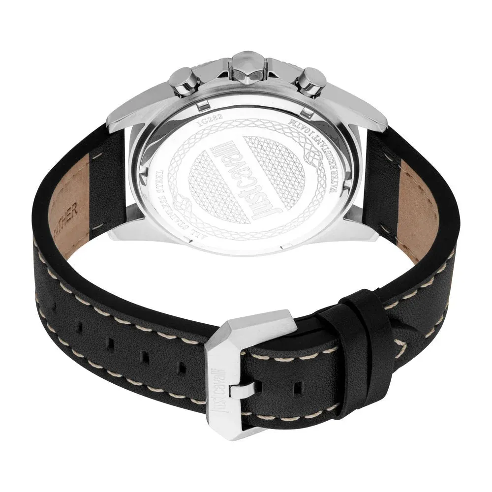 Just Cavalli Gents Black Dial Stainless Steel Silver Case Black Leather Strap Watch