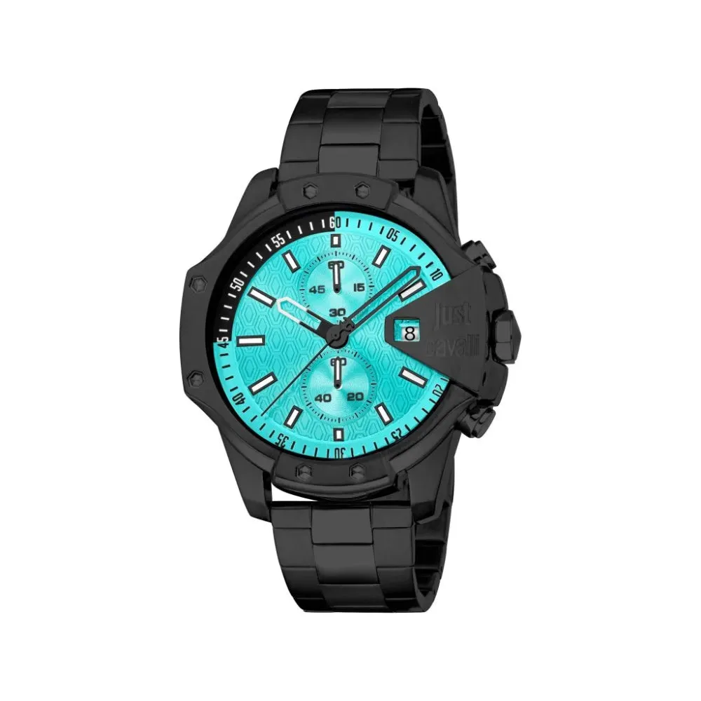 Just Cavalli Gents Turquoise Dial Black Stainless Steel Watch