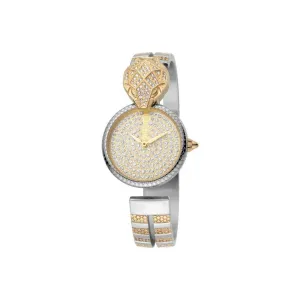 Just Cavalli Ladies Two Tone Watch With Stone On Dial & Open Bracelet
