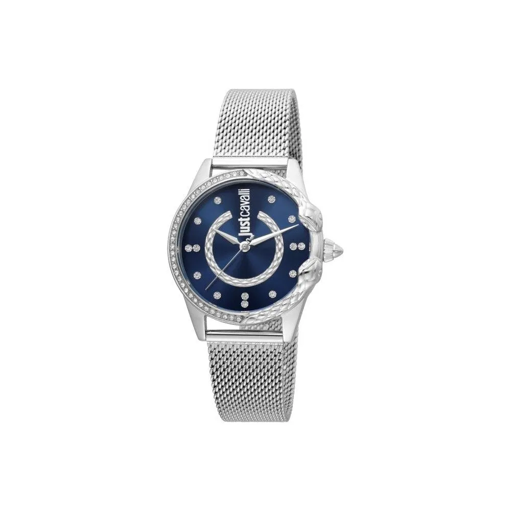Just Cavalli Ladies Watch Silver Color Case With Blue Dial & Silver Color Mesh Bracelet