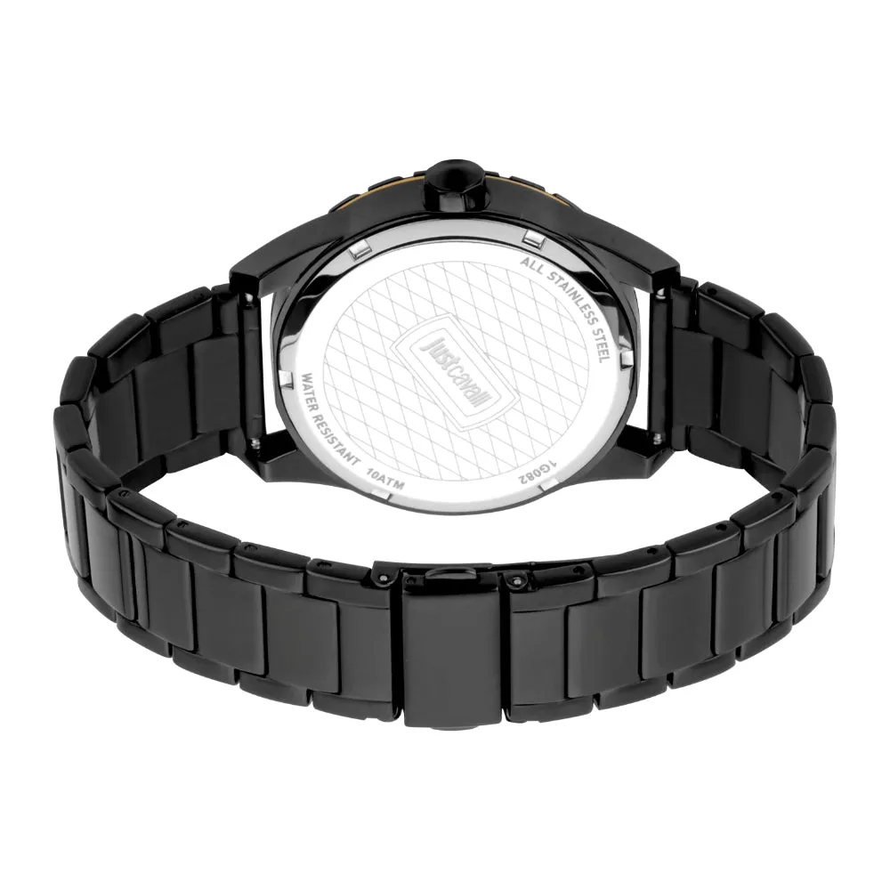 Just Cavalli Men Watch, Two Tone Rose Gold & Black Color Case, Light Grey Dial, Black Color Stainless Steel Metal Bracelet