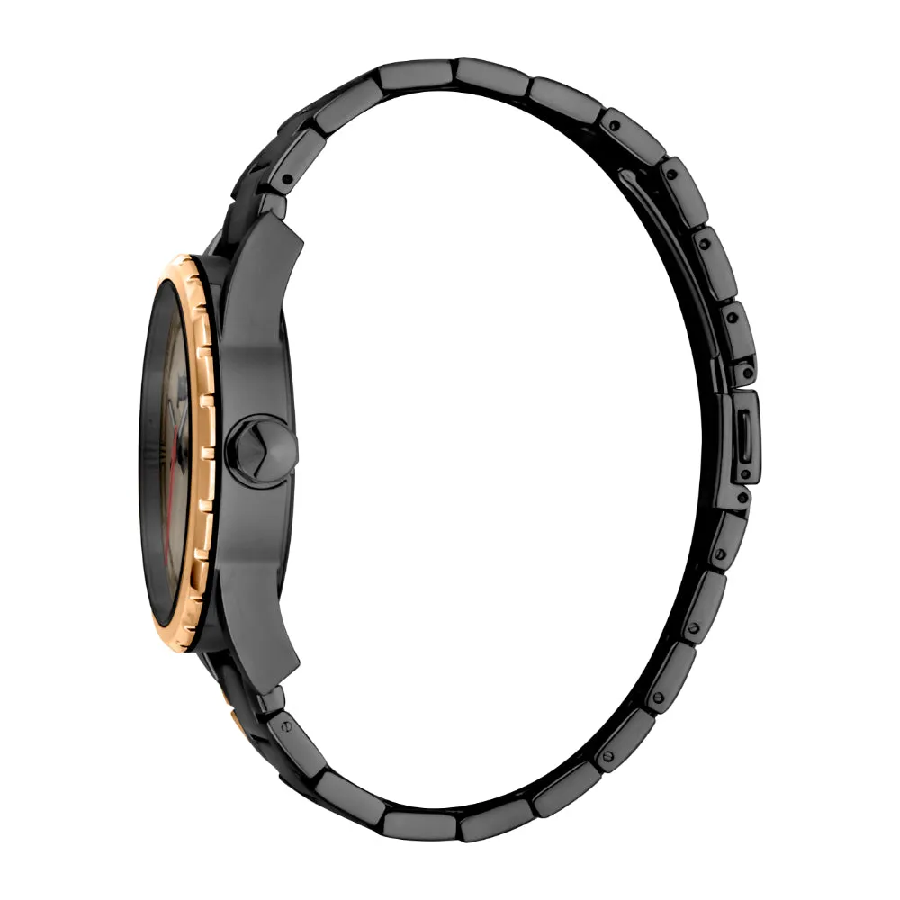 Just Cavalli Men Watch, Two Tone Rose Gold & Black Color Case, Light Grey Dial, Black Color Stainless Steel Metal Bracelet