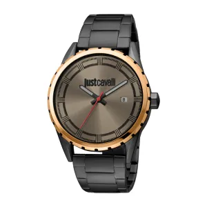 Just Cavalli Men Watch, Two Tone Rose Gold & Black Color Case, Light Grey Dial, Black Color Stainless Steel Metal Bracelet
