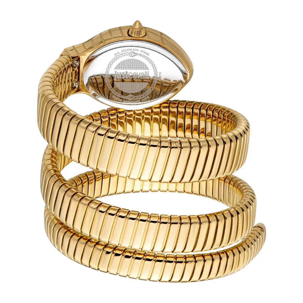 Just Cavalli Snake Shape Women's Watch - Gold Color Case Silver Dial, Gold Color Bracelet