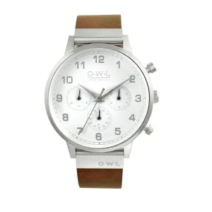 KINGSBRIDGE MATTE STEEL CASE, WHITE SUBDIAL FACE & BROWN LEATHER STRAP WATCH
