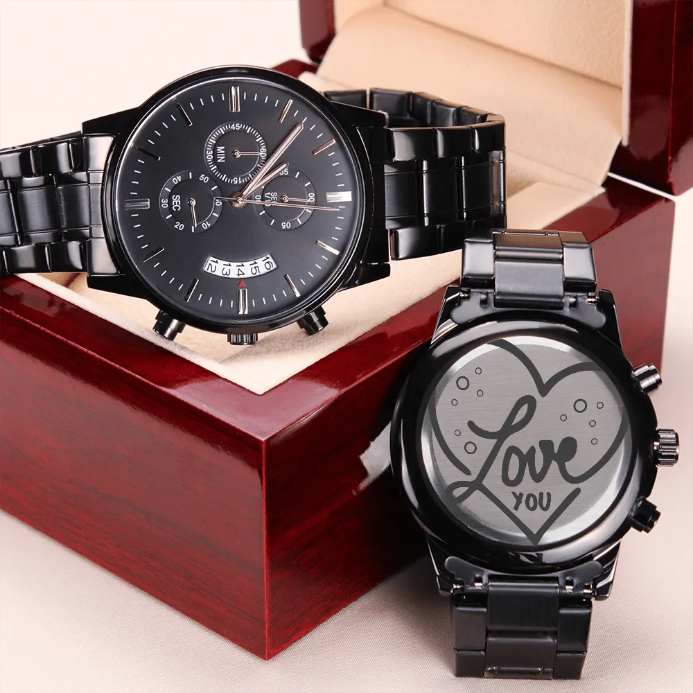 Love You Heart Engraved Black Watch
