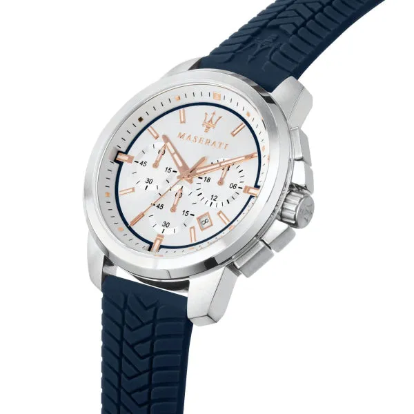 Maserati Successo Blue Silicone Strap Silver Dial Quartz Watch for Gents - R8871621013