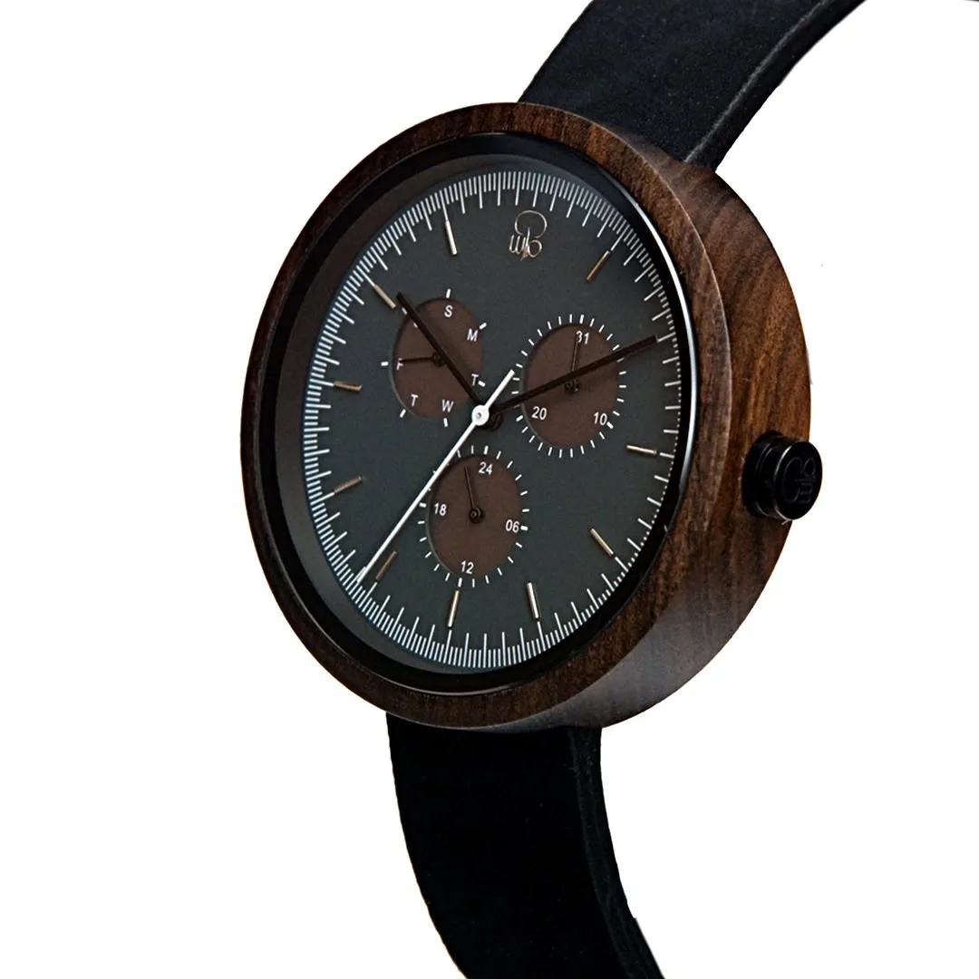 Maya Dark Sandalwood Multifunction Wood Watch - Slate Gray Dial, Sapphire Crystal, Japanese Quartz Movement | Explorer Series