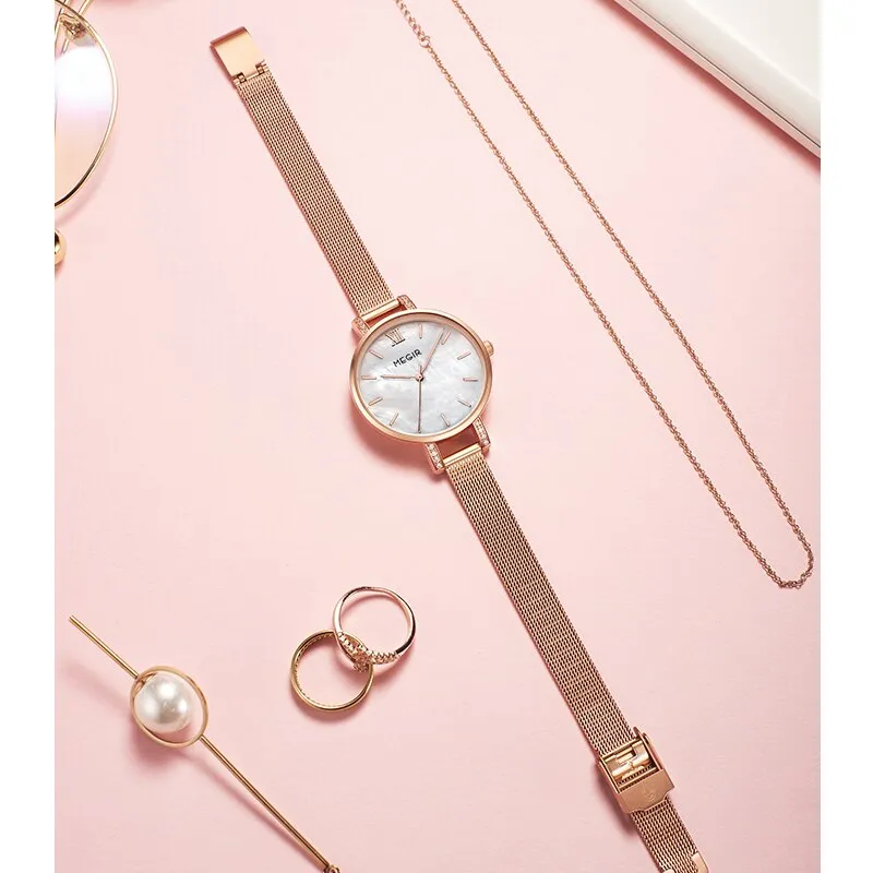 MEGIR Luxury Simple Women Watches Rose Gold Quartz Watch Ladies Waterproof Stainless Steel Wristwatch for Women Relogio Feminino