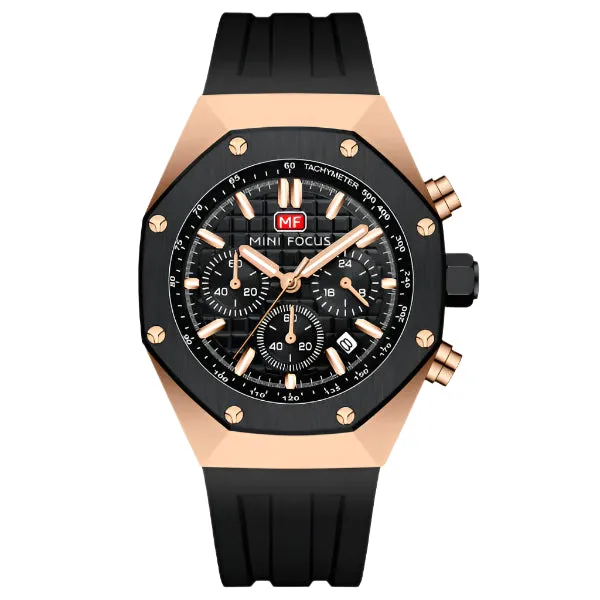 Mini Focus Black Silicone Strap Strap Black Dial Chronograph Quartz Watch for Gents - MF0417G-01
