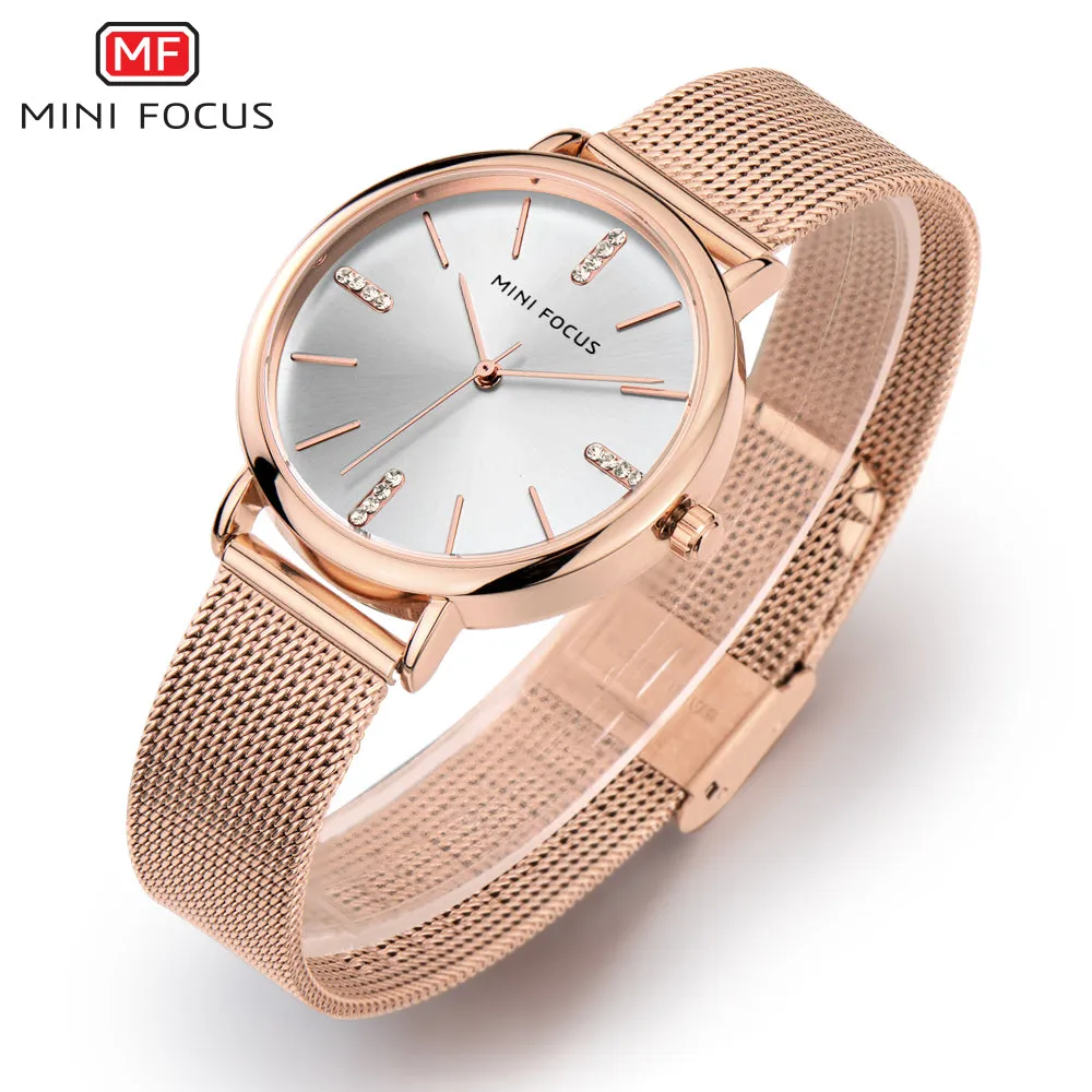 Mini Focus Rose Gold Mesh Bracelet Silver Dial Quartz Watch for Ladies - MF0036L-04