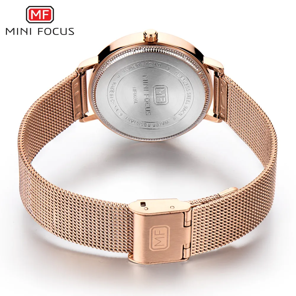 Mini Focus Rose Gold Mesh Bracelet Silver Dial Quartz Watch for Ladies - MF0036L-04