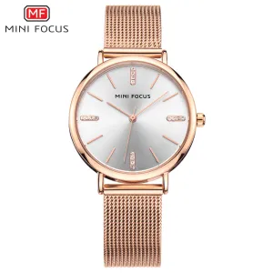 Mini Focus Rose Gold Mesh Bracelet Silver Dial Quartz Watch for Ladies - MF0036L-04