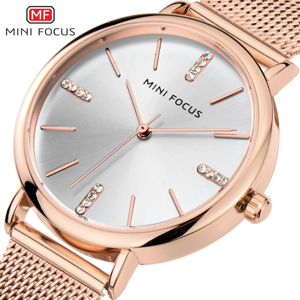 Mini Focus Rose Gold Mesh Bracelet Silver Dial Quartz Watch for Ladies - MF0036L-04