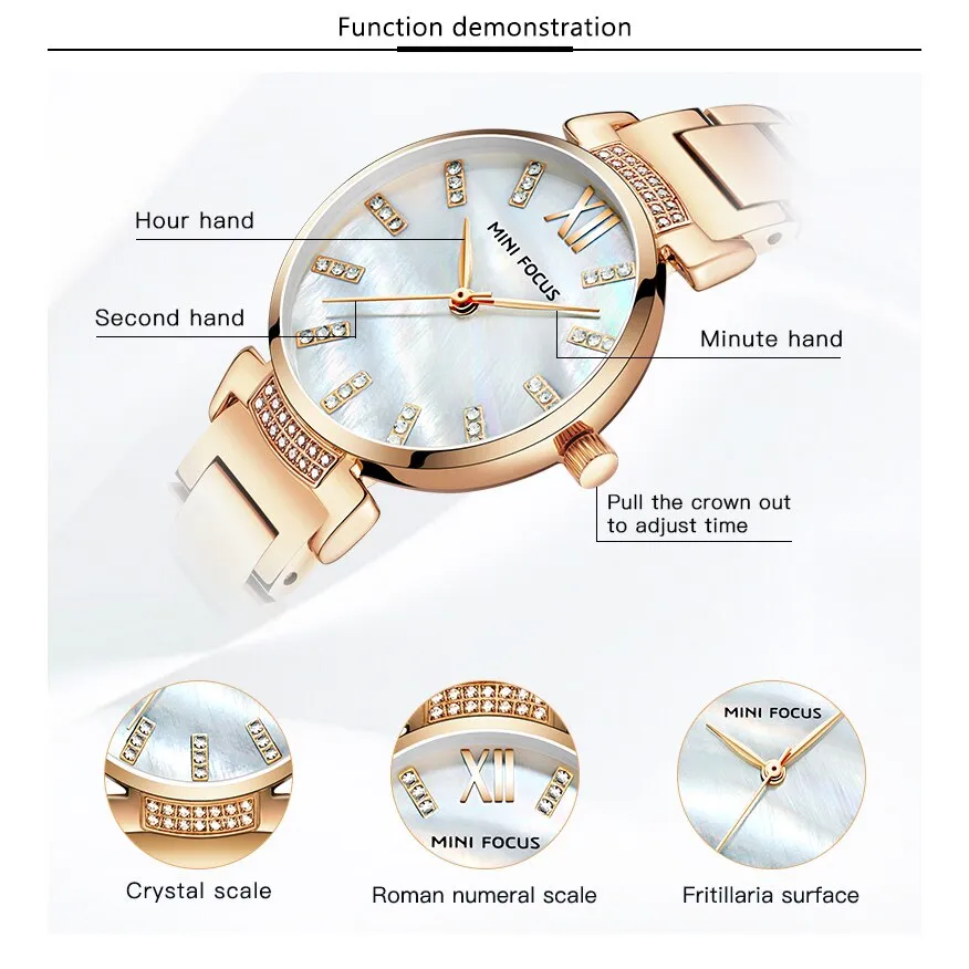 MINI FOCUS Women Watch Luxury Brand Fashion Quartz Ladies Rhinestone Watch Dress Wrist Watch Simple Rose gold Clock Reloj Mujer