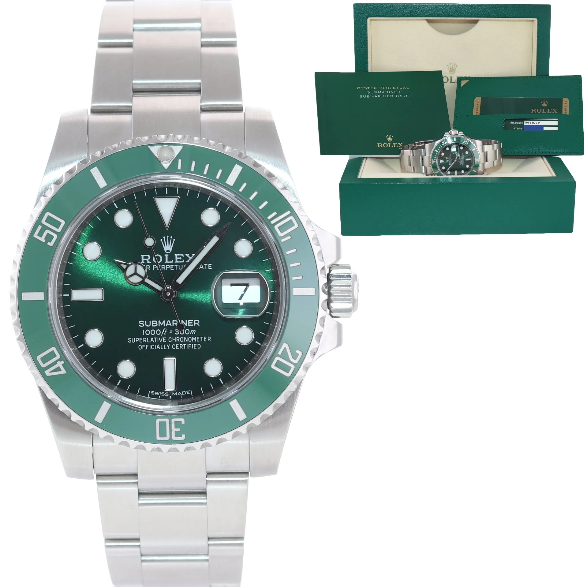 MINT 2013 PAPERS Rolex Submariner Hulk Green Ceramic 116610LV Steel Watch Box