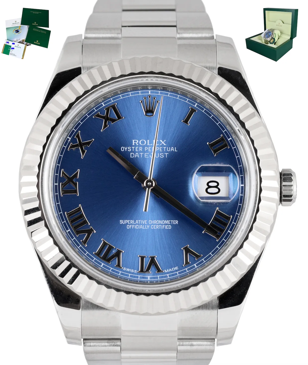 MINT 2016 Rolex Datejust II 41MM AZURRO BLUE Roman 116334 18K White Gold Watch