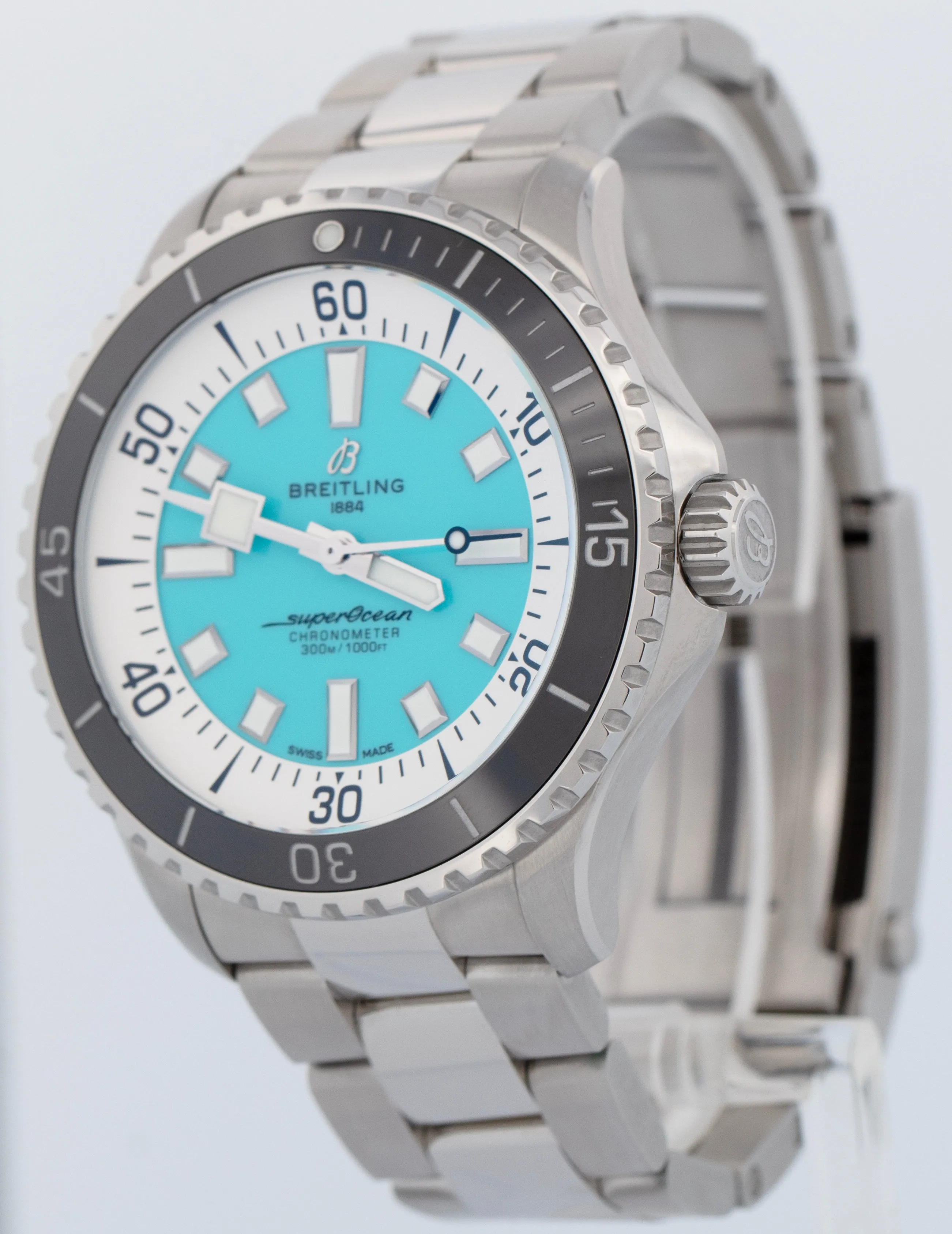 MINT PAPERS Breitling SuperOcean 44mm Turquoise Blue Steel Watch A17376 BOX