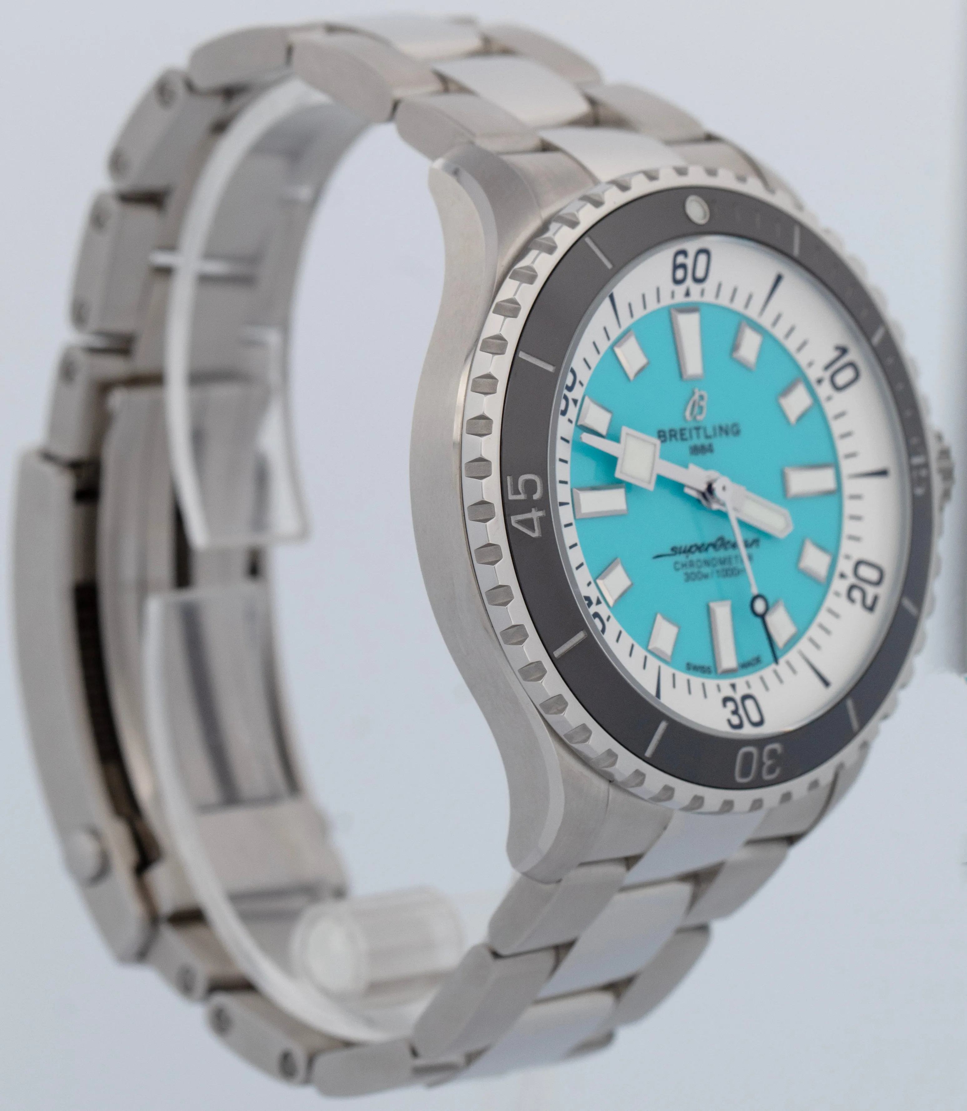 MINT PAPERS Breitling SuperOcean 44mm Turquoise Blue Steel Watch A17376 BOX