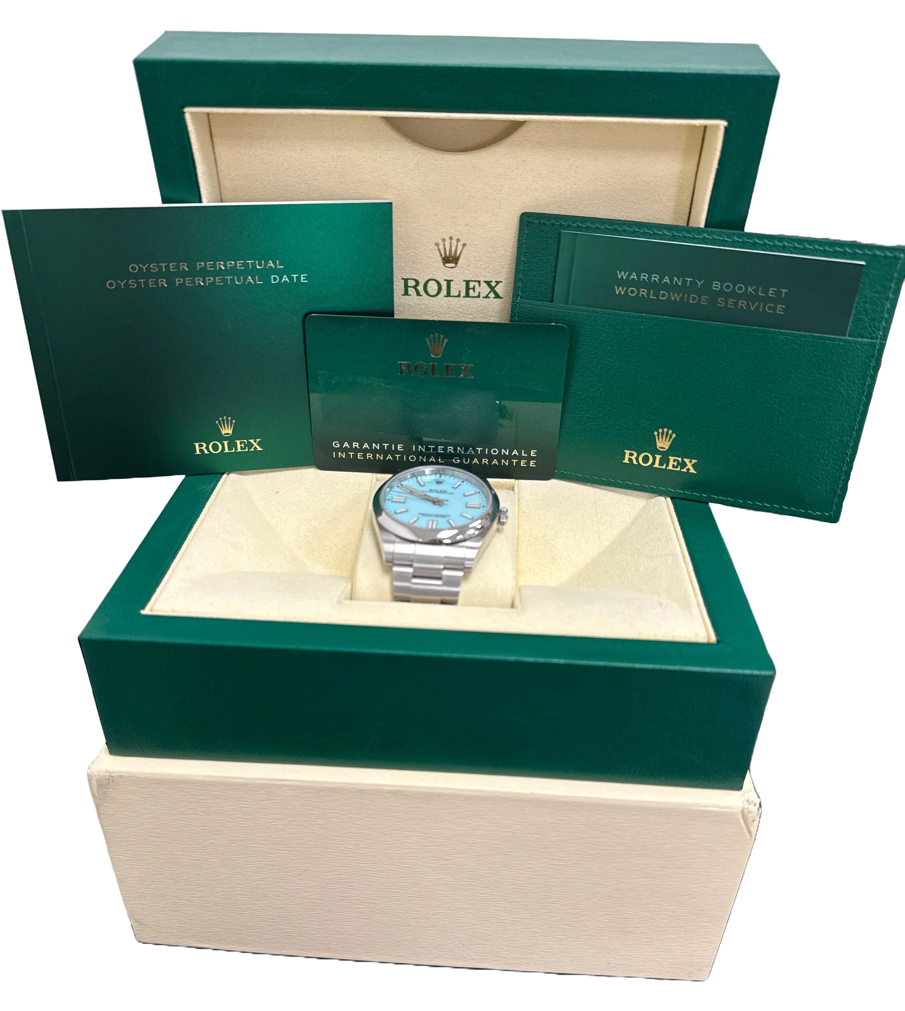 MINT PAPERS Rolex Oyster Perpetual 41 TURQUOISE BLUE Stainless 41mm 124300 BOX