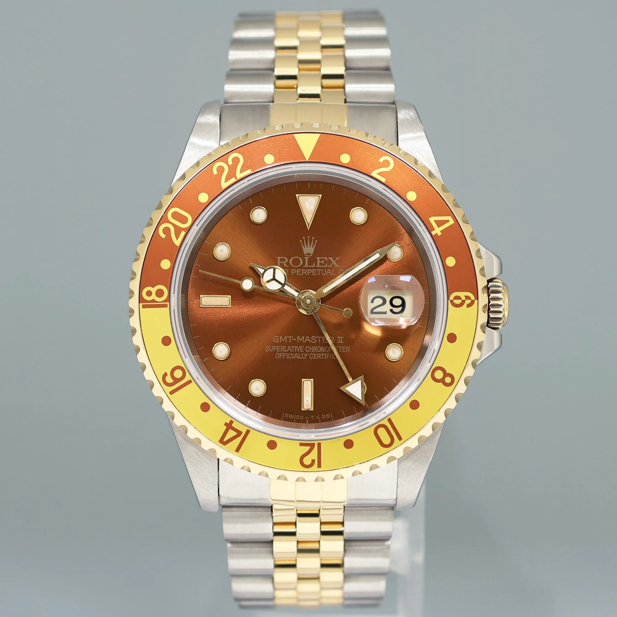 MINT Rolex GMT-Master 16713 Two-Tone Yellow Gold Steel Jubilee Rootbeer Brown Watch
