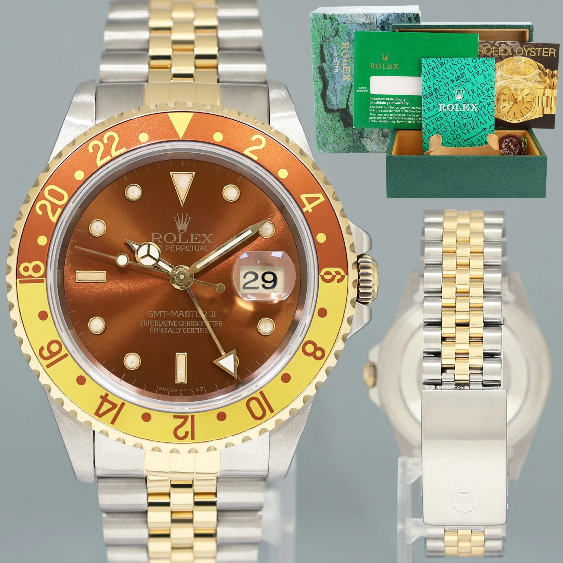 MINT Rolex GMT-Master 16713 Two-Tone Yellow Gold Steel Jubilee Rootbeer Brown Watch