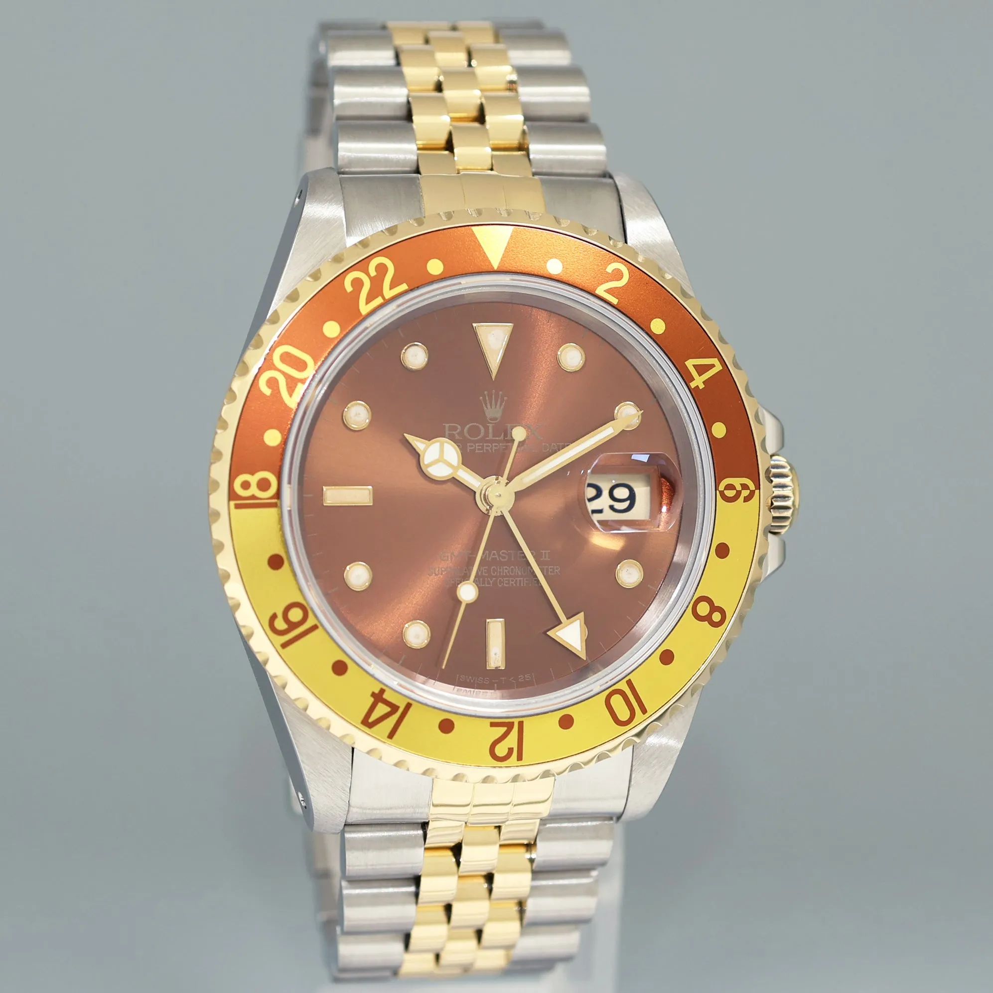 MINT Rolex GMT-Master 16713 Two-Tone Yellow Gold Steel Jubilee Rootbeer Brown Watch