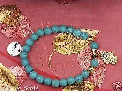 Namaste Jewelry Gold Fatima Hand of Buddha Blue Turquoise Stone OM Bracelets