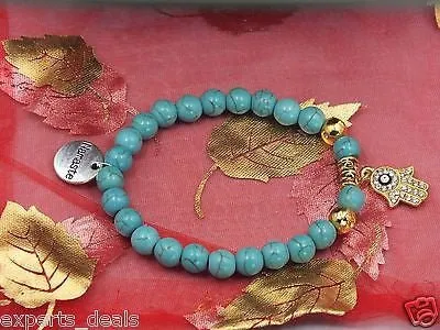 Namaste Jewelry Gold Fatima Hand of Buddha Blue Turquoise Stone OM Bracelets