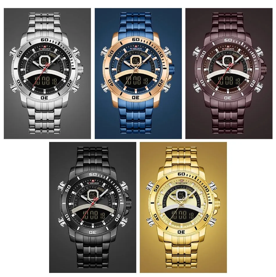 NAVIFORCE Stainless Steel Dual Time Wrist Watch For Men | NF9181 | Golden