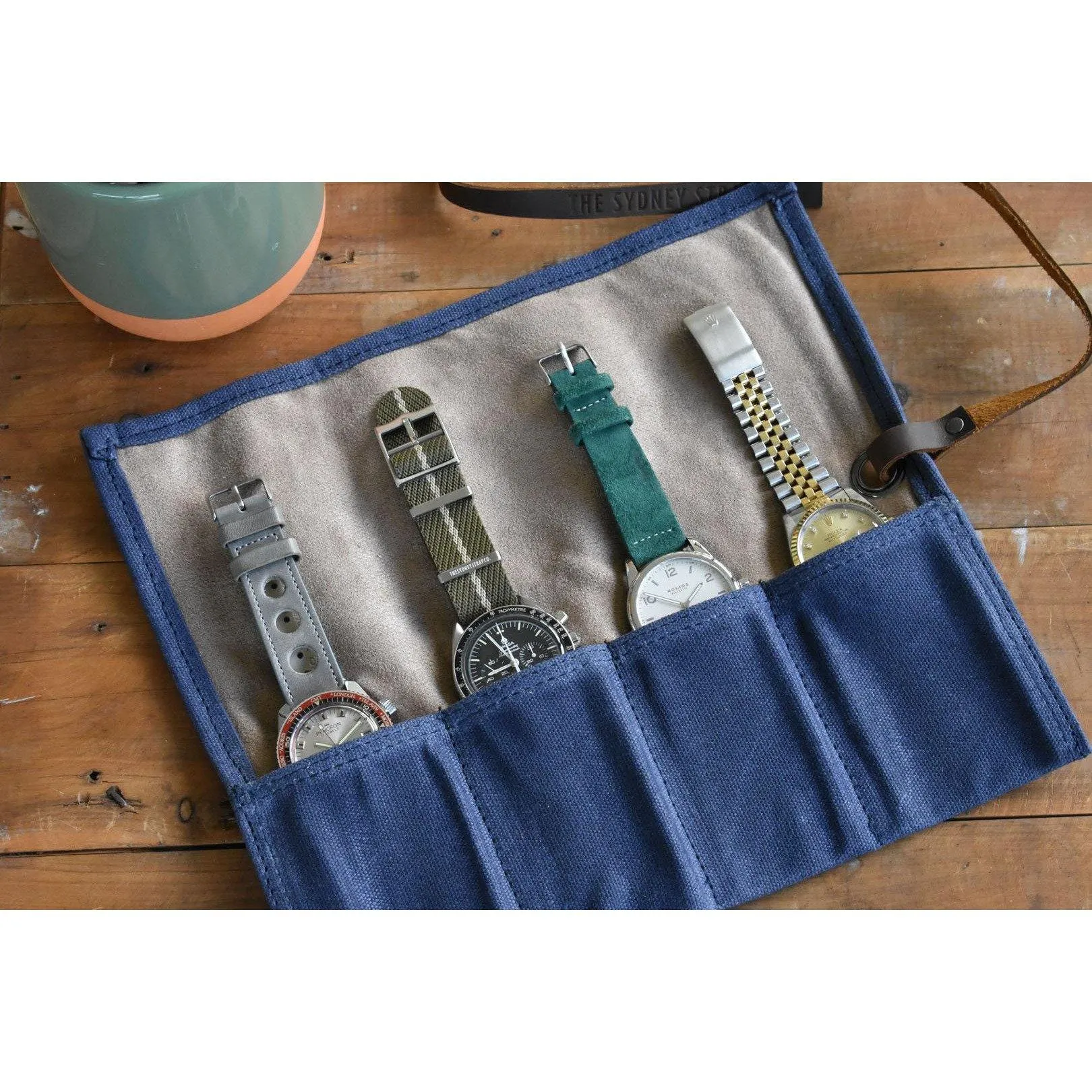Navy & Taupe Waxed Canvas & Velvet Watch Roll - Four Slots