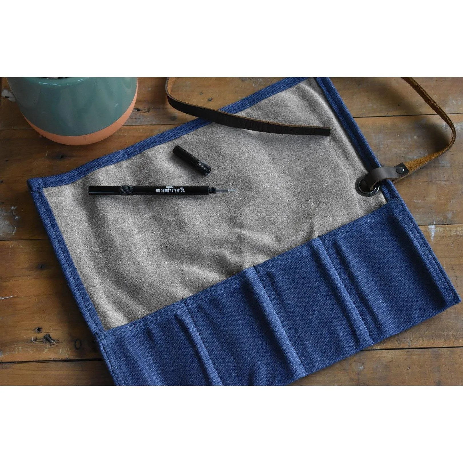 Navy & Taupe Waxed Canvas & Velvet Watch Roll - Four Slots