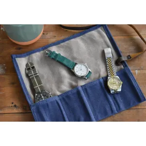 Navy & Taupe Waxed Canvas & Velvet Watch Roll - Four Slots