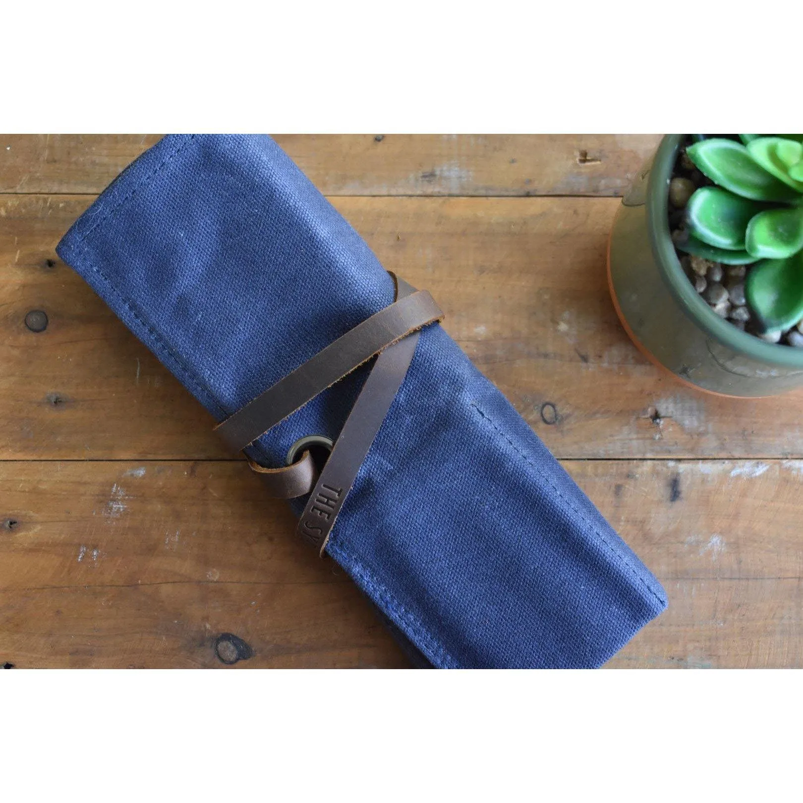Navy & Taupe Waxed Canvas & Velvet Watch Roll - Four Slots