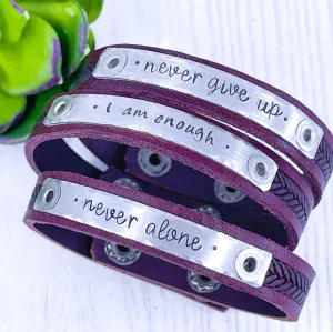 NEVER GIVE UP Braided Maroon Leather Skinny Bracelet | 4 Colors | adjustable