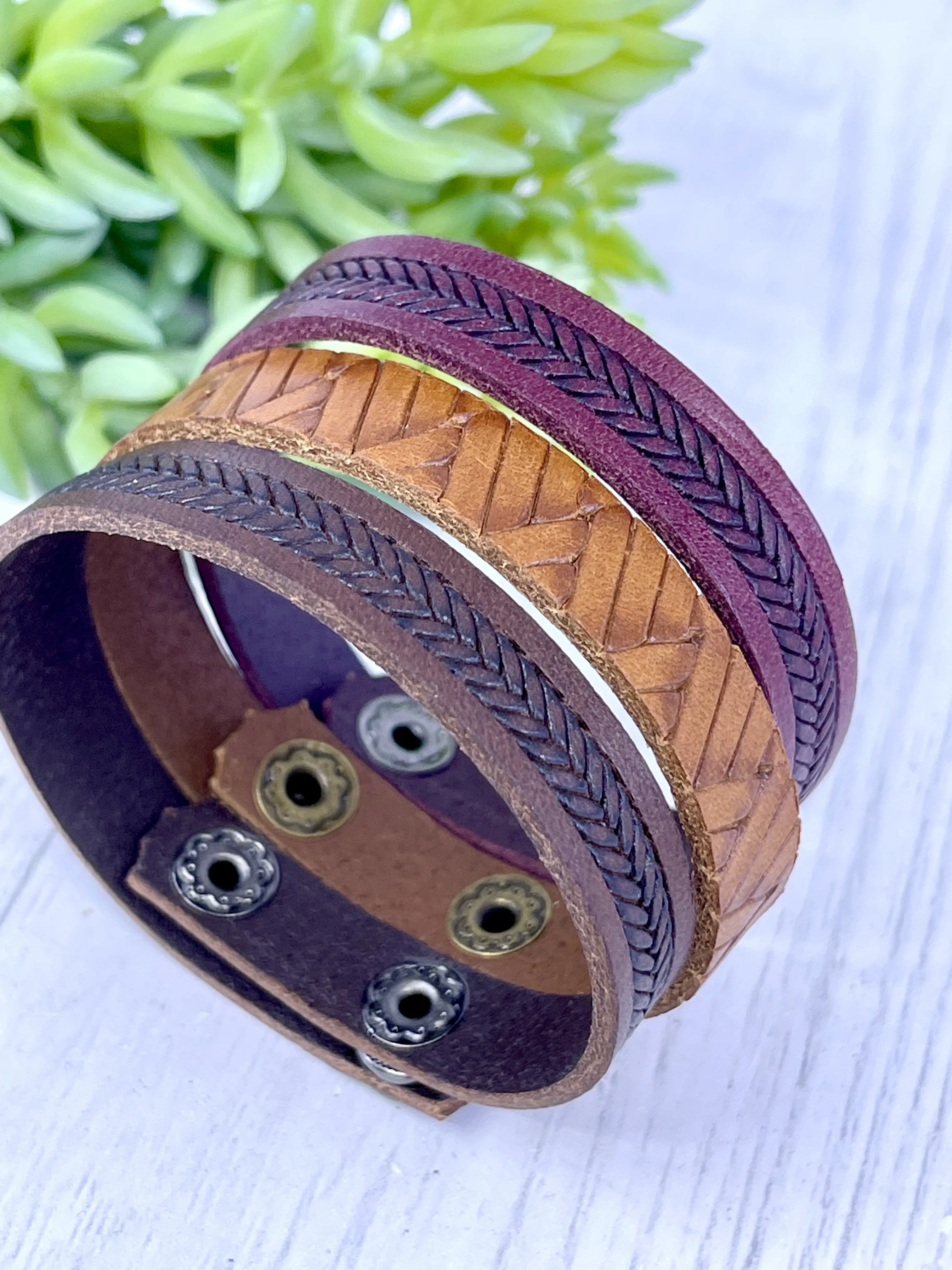 NEVER GIVE UP Braided Maroon Leather Skinny Bracelet | 4 Colors | adjustable