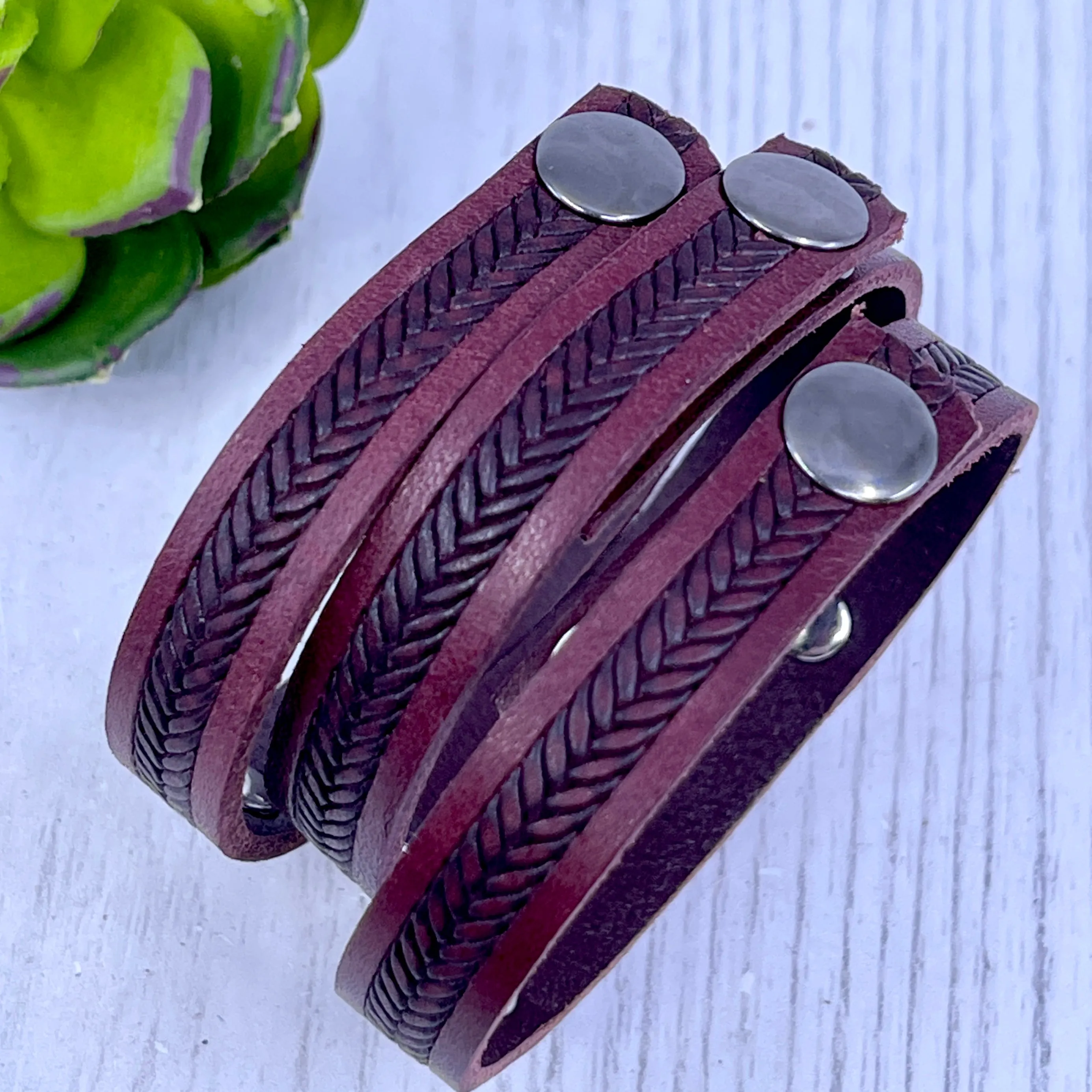 NEVER GIVE UP Braided Maroon Leather Skinny Bracelet | 4 Colors | adjustable