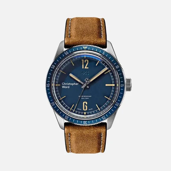 New Christopher Ward C65 Trident Diver Vintage Style Blue Dial Watch 41MM Oak