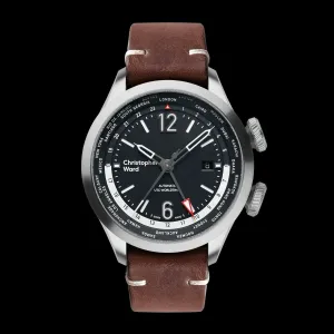 New Christopher Ward C8 UTC WorldTimer (GMT) Automatic Watch World Time 44MM Brn