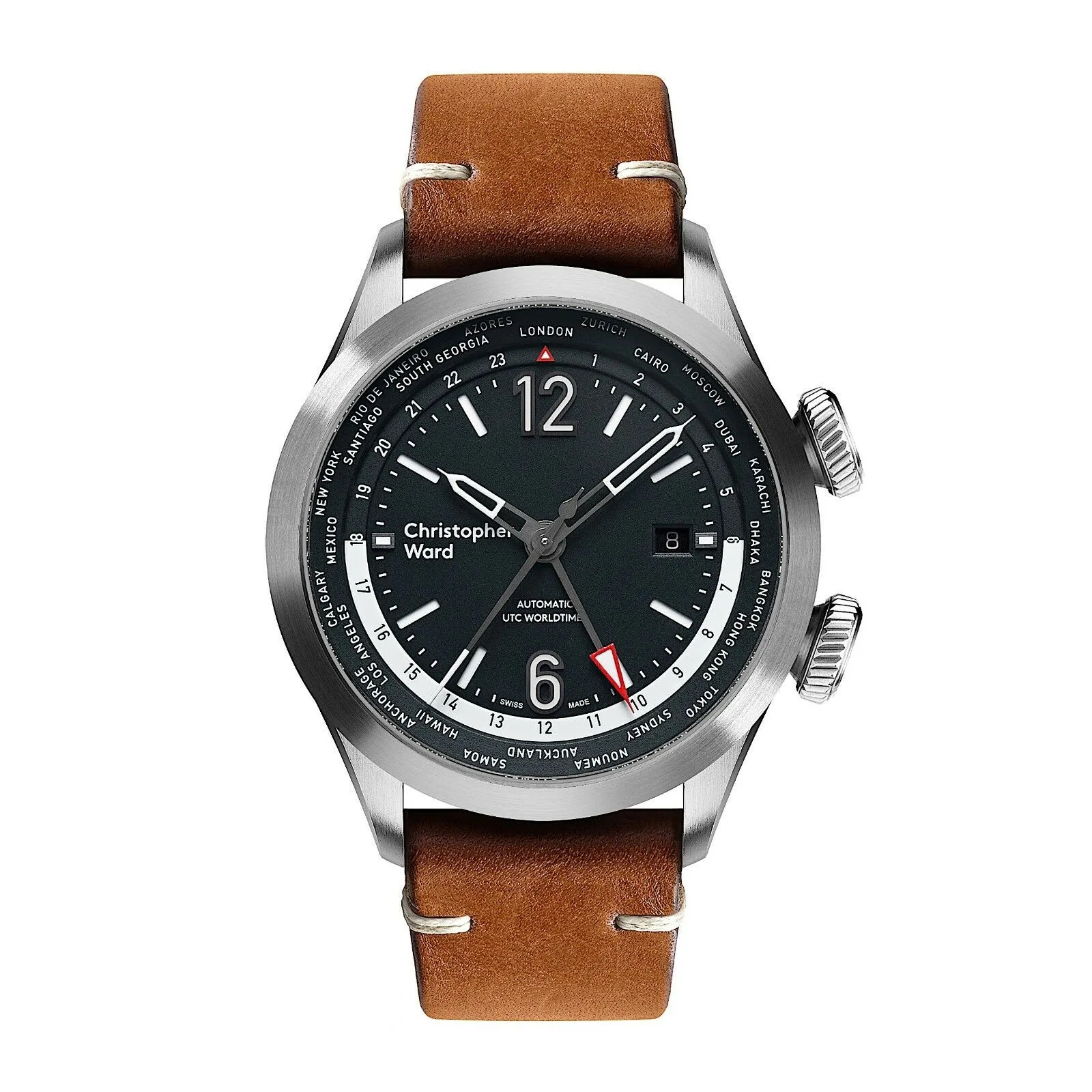 New Christopher Ward C8 UTC WorldTimer (GMT) Automatic Watch World Time 44MM Tan