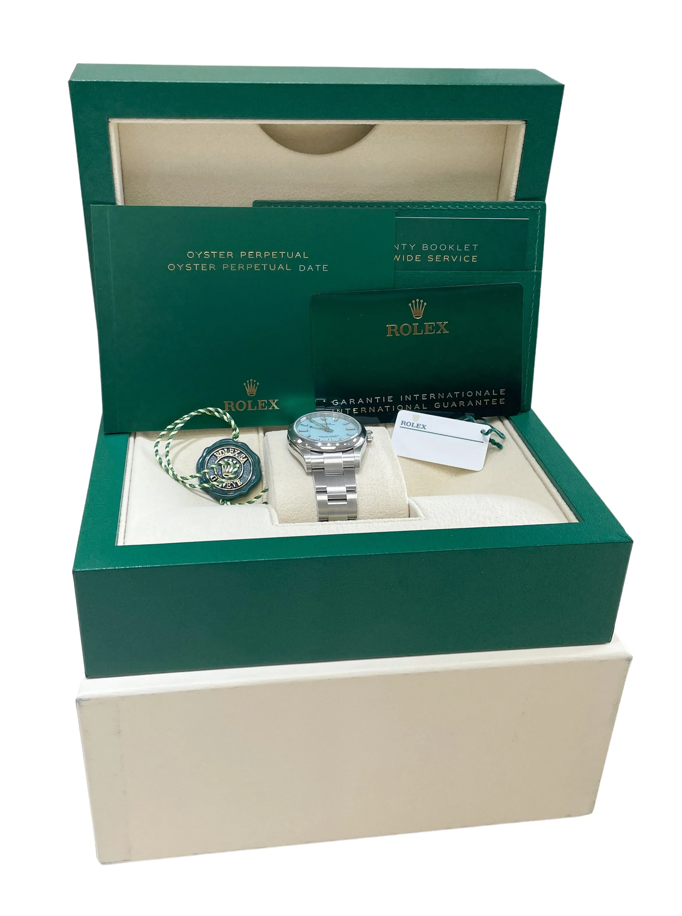 NEW FEB 2023 Rolex Oyster Perpetual Turquoise Blue 31mm 277200 PAPERS Watch B P