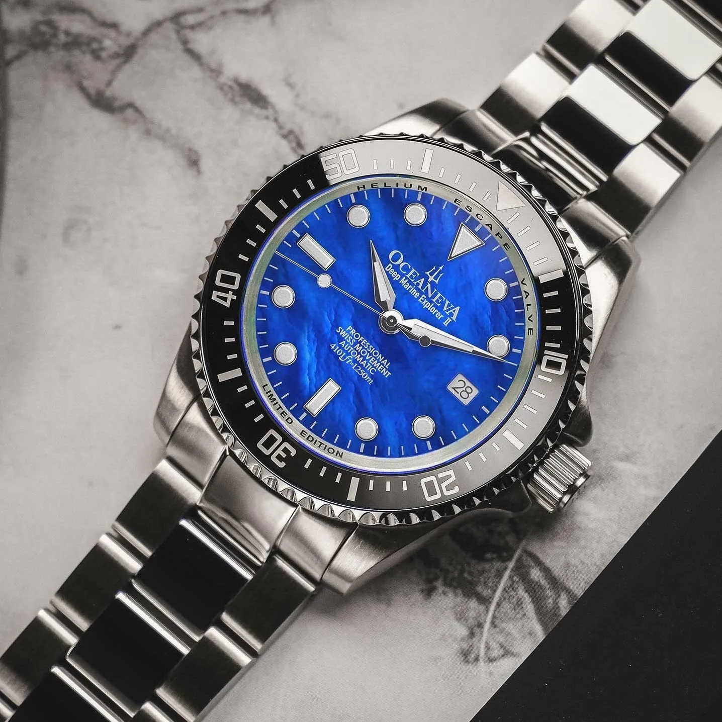 Oceaneva Deep Marine Explorer II Automatic 1250M Pro Diver Blue Mother Of Pearl Limited Edition