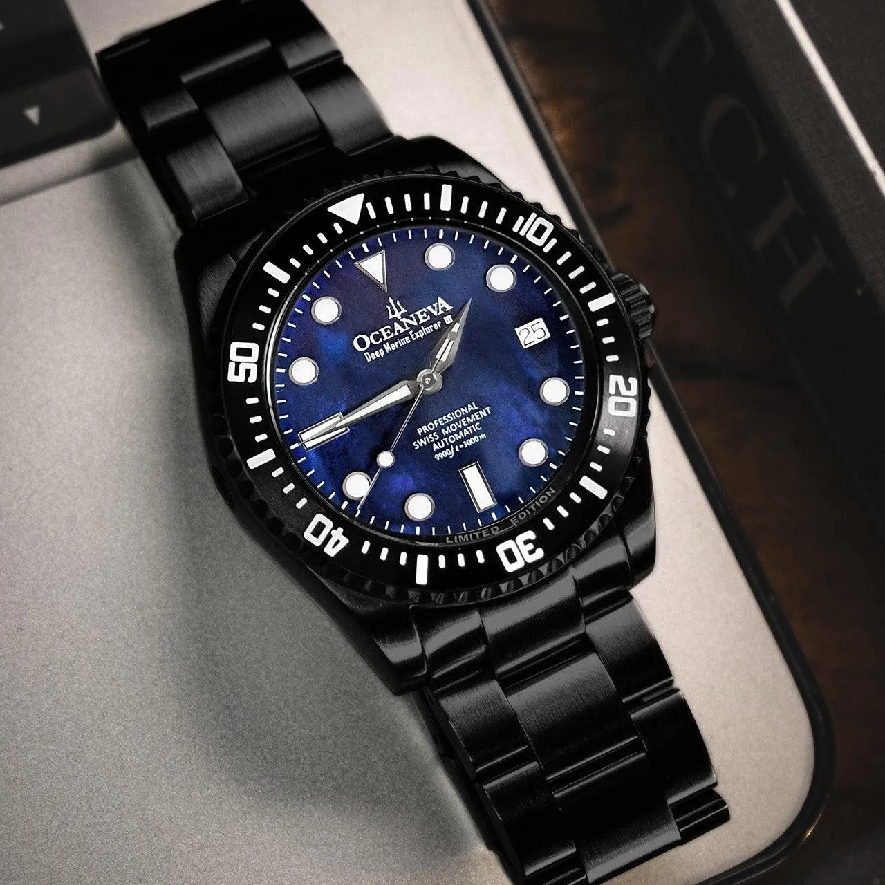 Oceaneva Deep Marine Explorer III Automatic 3000M Pro Diver Black Navy Mother Of Pearl Limited Edition
